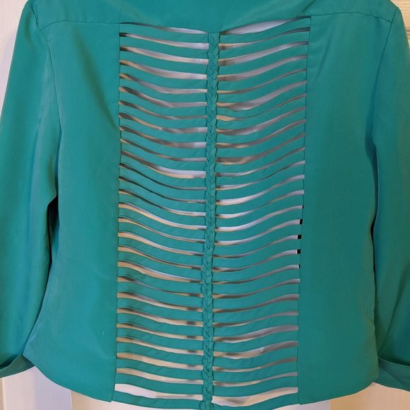 Poof Couture Spring Green Open Front Ladder Cut Out Back Blazer - size L - Picture 6 of 10